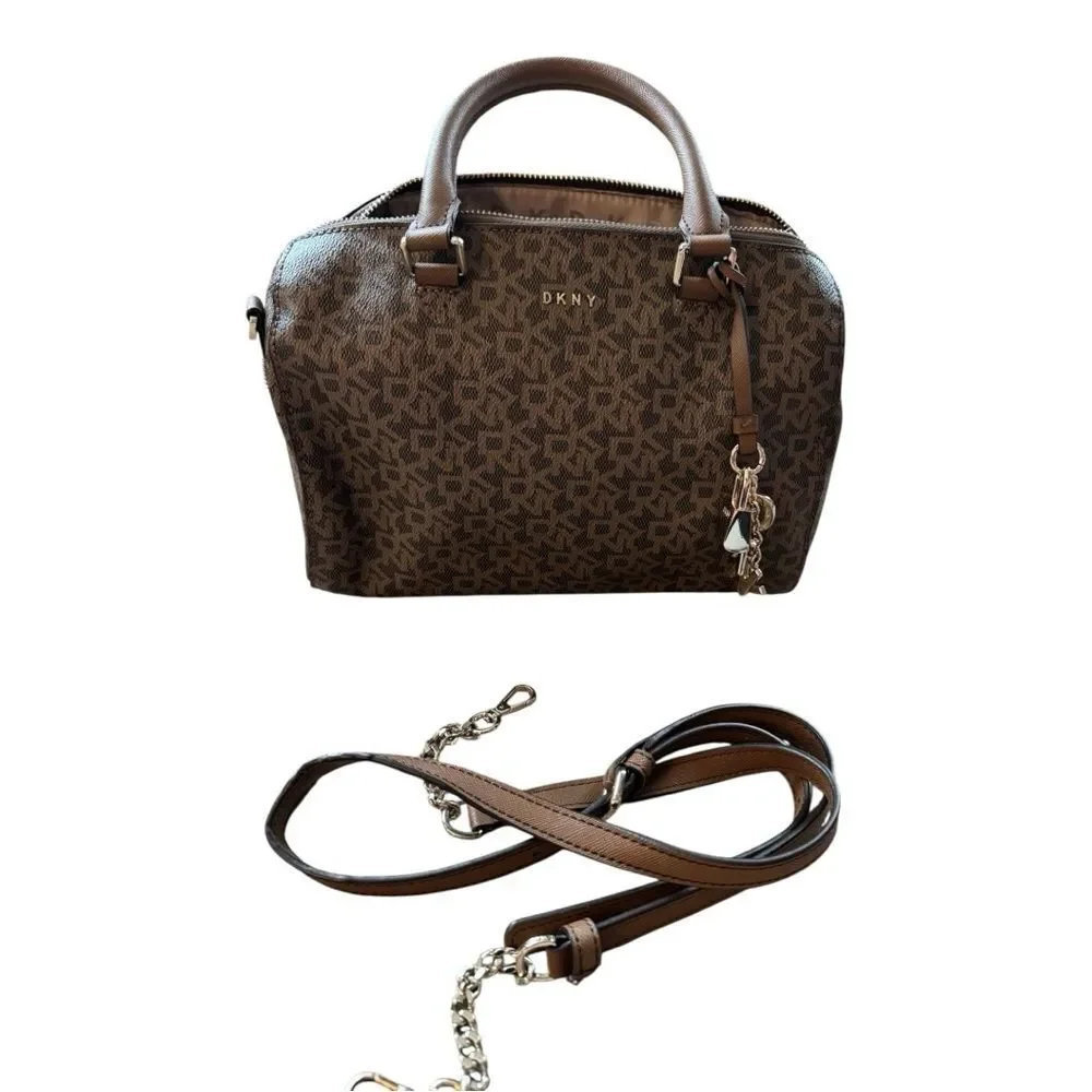 DKNY brown monogram bag is a DKNY Bryant Boston tote featuring an all-over logo